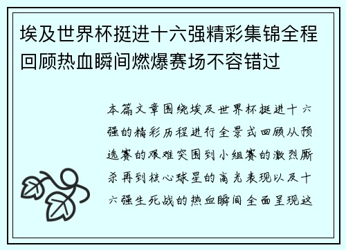 埃及世界杯挺进十六强精彩集锦全程回顾热血瞬间燃爆赛场不容错过
